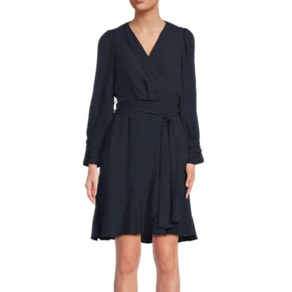 NWT Nanette Lepore Women's Ruched Cuff Ruffle Tulip Hem Faux Wrap Mini Dress - Picture 1 of 6